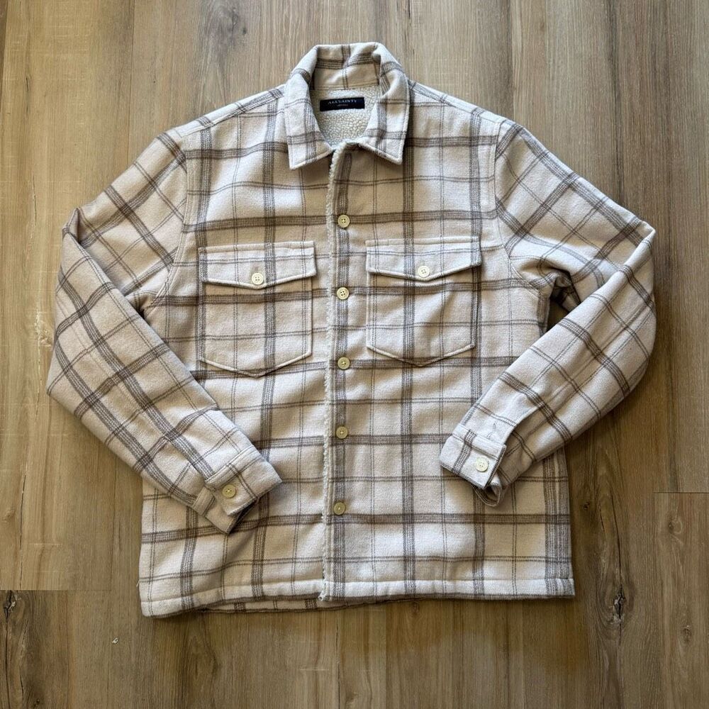 AllSaints Vedder Tan Brown Plaid Jacket Size Medium Regular Fit Casual Coat